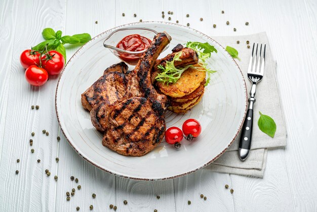 Varkenssteak met been- en aardappelpannenkoekjes