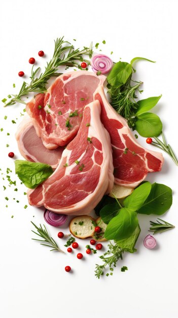 Varkensvlees met kruiden en specerijen op witte achtergrond Ai generative