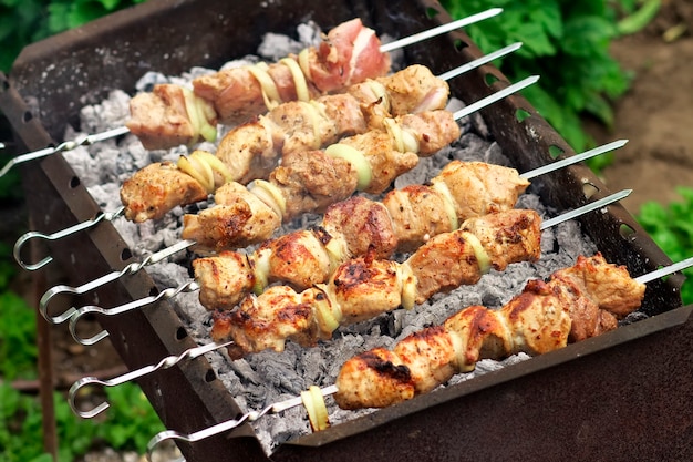 Varkensvlees Shish kebab in brand. Smakelijk vers vlees shish kebab bereid op een grill hout kolen, outdor