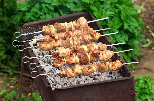 Varkensvlees Shish kebab in brand. Smakelijk vers vlees shish kebab bereid op een grill hout kolen, outdor