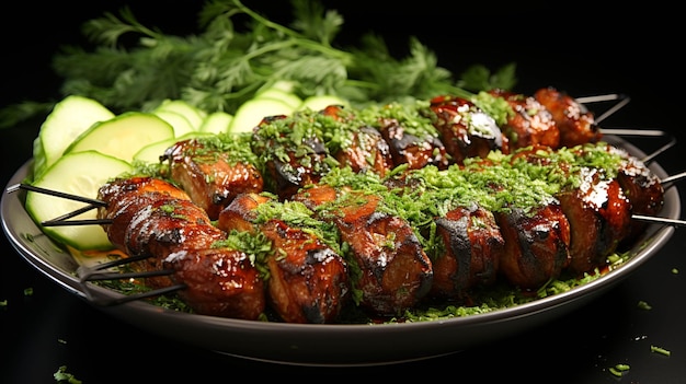 Varkensvlees shish kebab voedsel varkensvlees gegrild in een bord op groene achtergrond