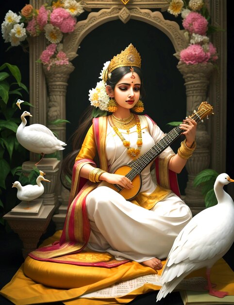 Vasant Panchami festival Saraswati en instrument