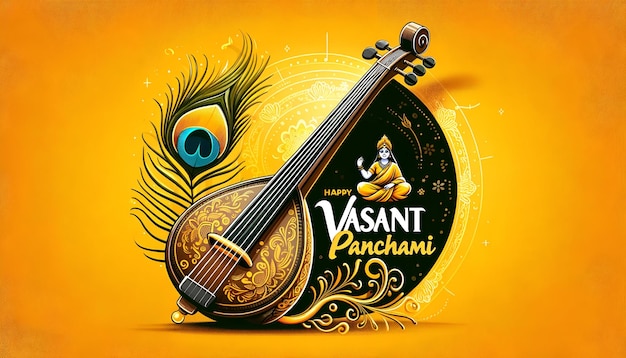 Photo vasant panchami greeting background with veena and peacock feather