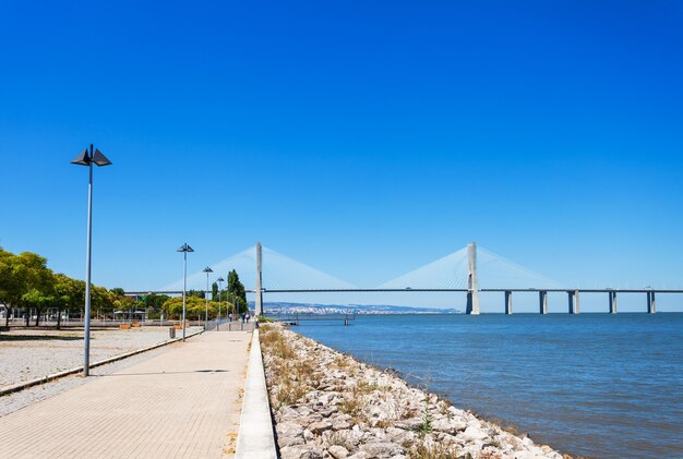 The Vasco da Gama Bridge in Lisbon, Portugal. It is the longest bridge in Europe