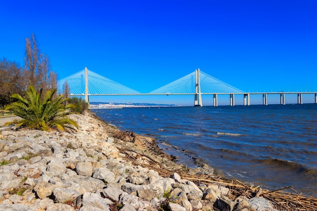 Vasco da Gama bridge over the Tagus river in Lisbon Portugal