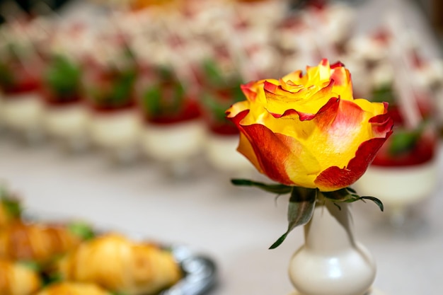 A vase of beautiful orangered sprays rose on the party table