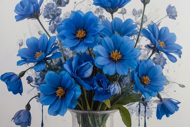 Photo a vase of blue flowers with the word quot spring quot on the bottom