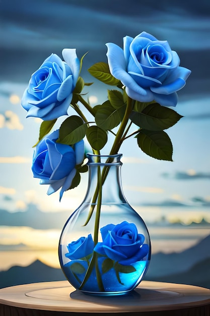 A vase of blue roses is on a table with a blue sky in the background.
