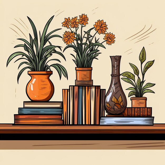 Photo vase book and pot on a shelf