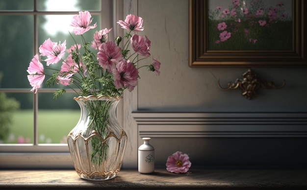A vase of a bouquet pink flowers on a table in the living room background ai generated