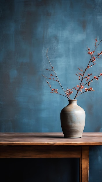 vase branch cherry table soft grey blue natural light burnt azure cement concrete early spring