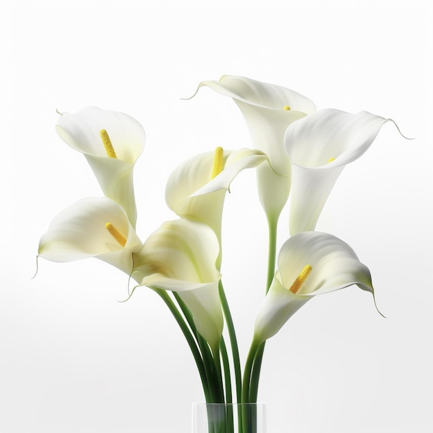 A vase of calla lilies is in front of a white background.