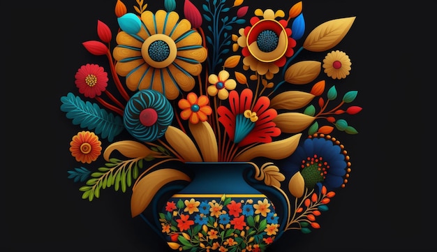 Vase of Cheerful Flowers illustration in a Bold Colorful Folk Art Style Unique Look Generative AI