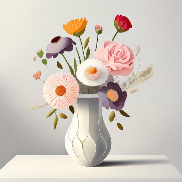 A vase of colorful flowers is on a table with a white background