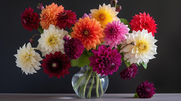 色とりどりの花が咲いた花瓶がテーブルの上に置かれています。