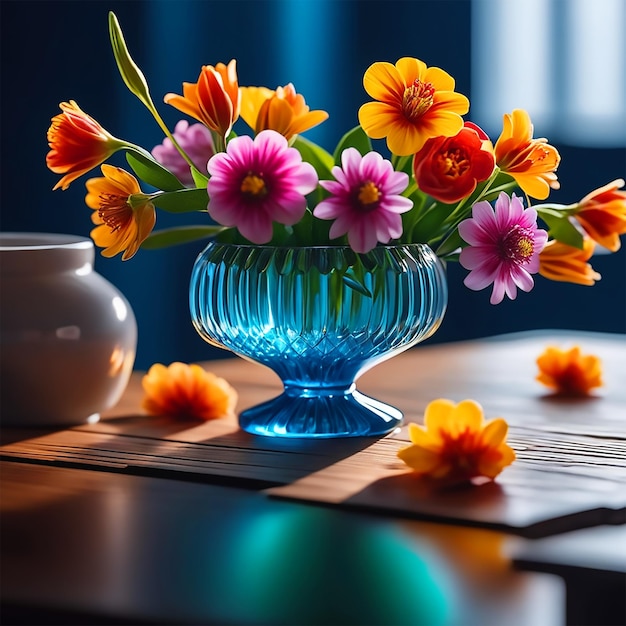 A vase of colorful flowers on the table backlit photo 4k modern style