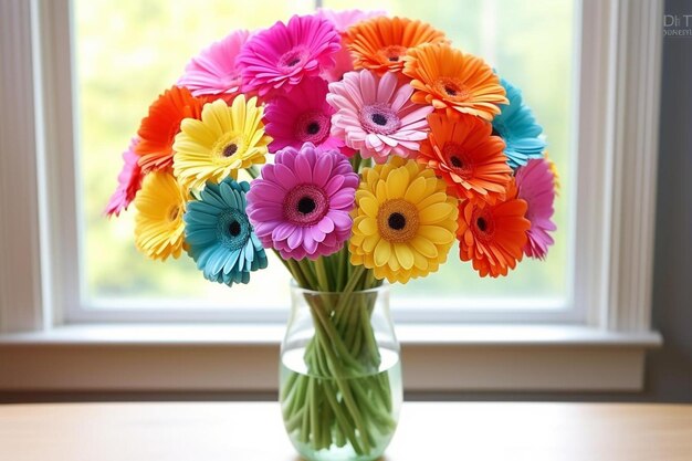 A vase of colorful flowers with a green stem.