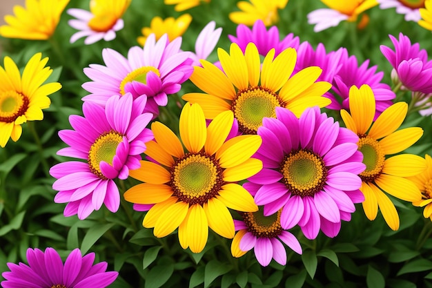 A vase of colorful flowers with a yellow center and purple center.