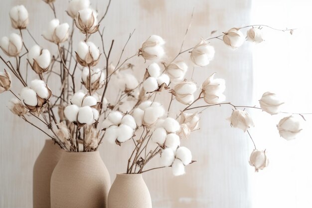 Photo a vase of cotton flowers sits on a table in front of a window.