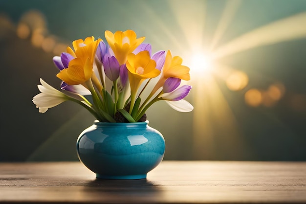 A vase of crocus flowers sits on a table with a bright sun shining behind it.