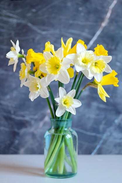 Un vaso di narcisi è su un tavolo con uno sfondo grigio.