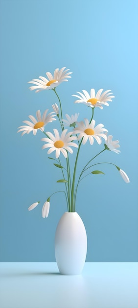 A vase of daisies is on a blue background with a green stem.