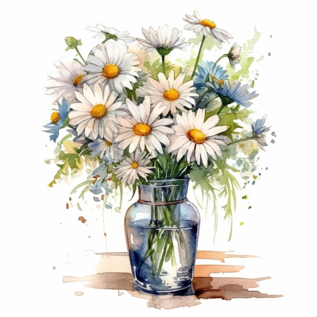 A vase of daisies is filled with water and has a green stripe.