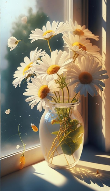 A vase of daisies is sitting on a window sill.