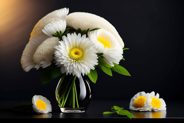 A vase of daisies is on a table with a black background.