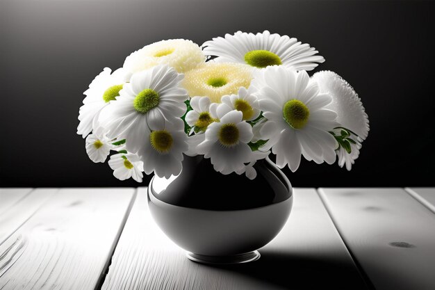 A vase of daisies is on a table with two glasses.