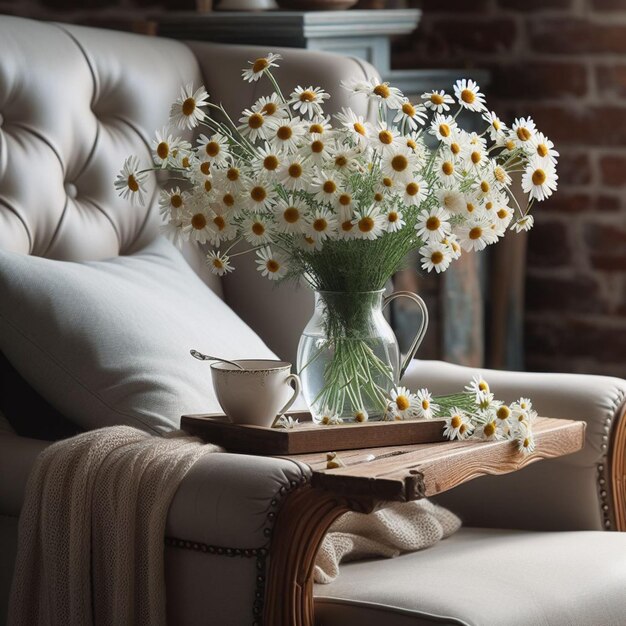 a vase of daisies sits on a table in front of a couch