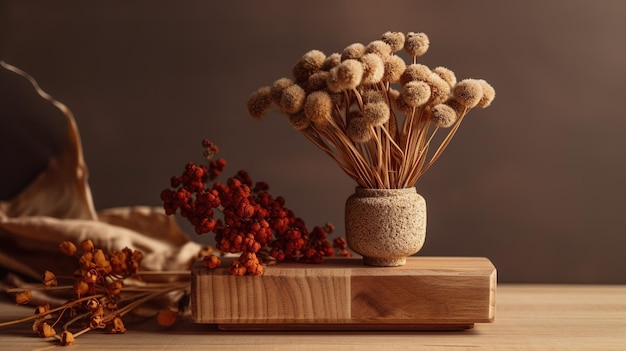 A vase of dried flowers and a wooden box with a red flower on it.