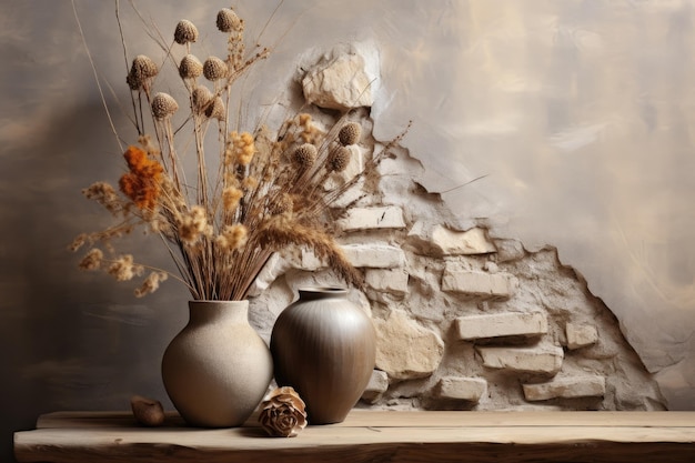 A vase of dried plants displayed on a wooden tabletop acting as a product showcase against the backdrop of a stone wall