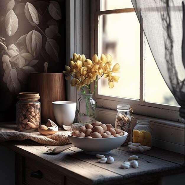 A vase of eggs is on a table next to a vase of flowers