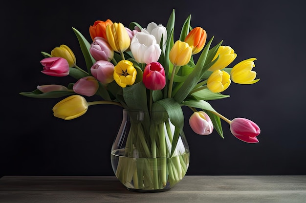 A vase filled with beautiful spring tulips in a variety of colors