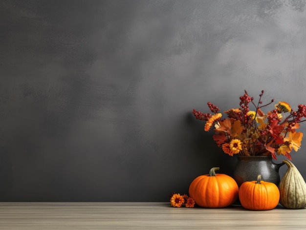 A vase filled with flowers next to two pumpkins autumn thanksgiving decor digital image