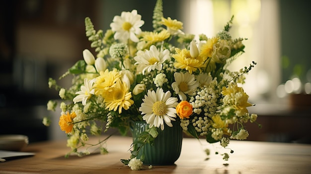 テーブルの上にたくさんの緑の花で満たされた花瓶