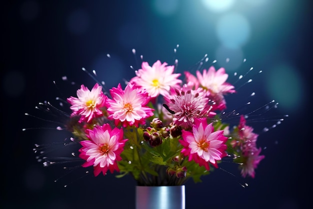 Photo vase filled with lots of pink flowers on top of wooden table generative ai