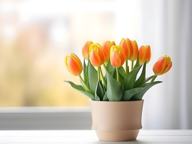 A vase filled with orange tulip flowers on a white table