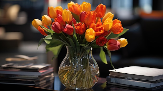 A vase filled with orange and yellow tulips ai