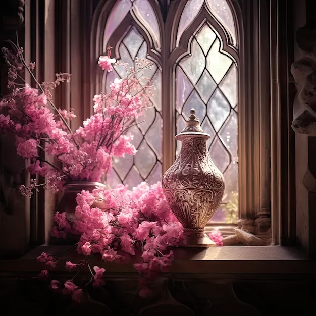 A vase filled with pink flowers next to a window