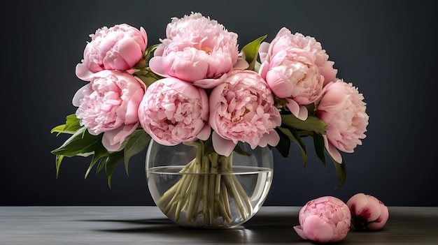 a vase filled with pink peonies on a table