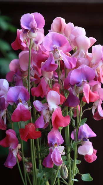 ピンクと紫の花で満たされた花瓶 春の花 甘い豆