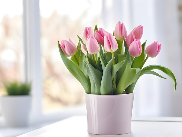 A vase filled with pink tulip flowers on a white table