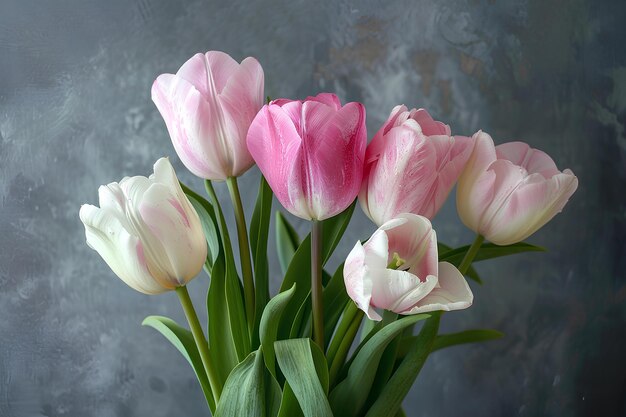 Photo a vase filled with pink and white tulips