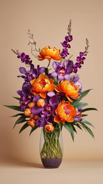 Vase Filled With Purple and Orange Flowers