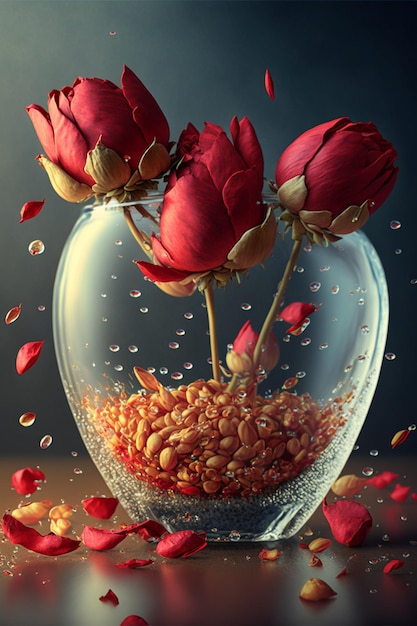 Vase filled with red roses sitting on top of a table generative ai