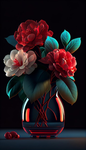 빨간색과 흰색 꽃 생성 ai로 채워진 꽃병