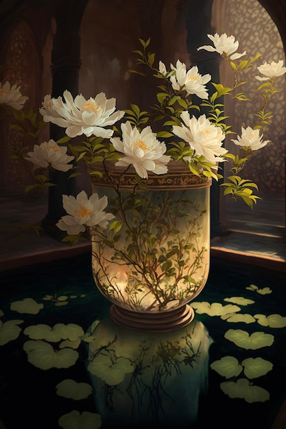 テーブルジェネレーティブaiの上に座っている白い花で満たされた花瓶