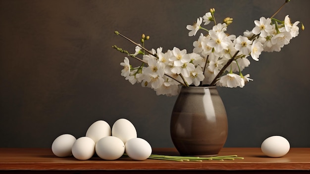 A vase filled with white flowers next to two eggs